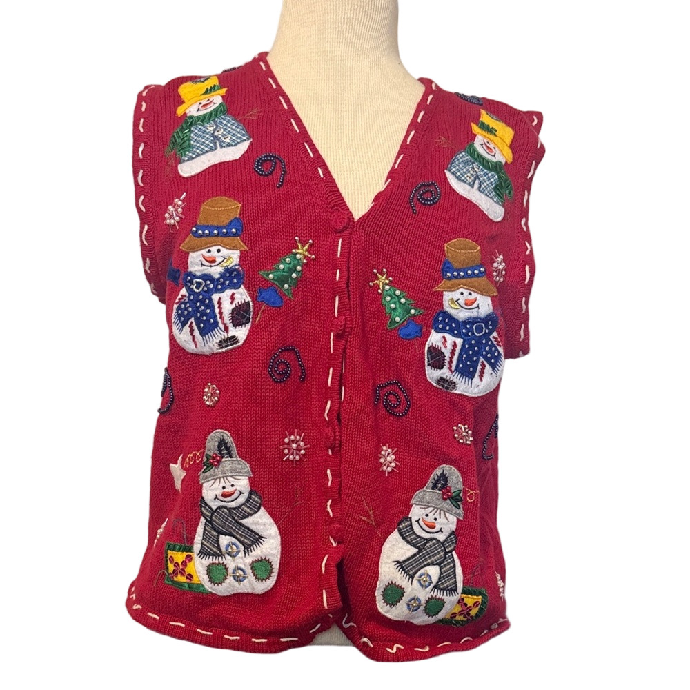 Bobbie Brooks Red Snowman Ugly Christmas Sweater Vest Women’s M Holiday Festive
